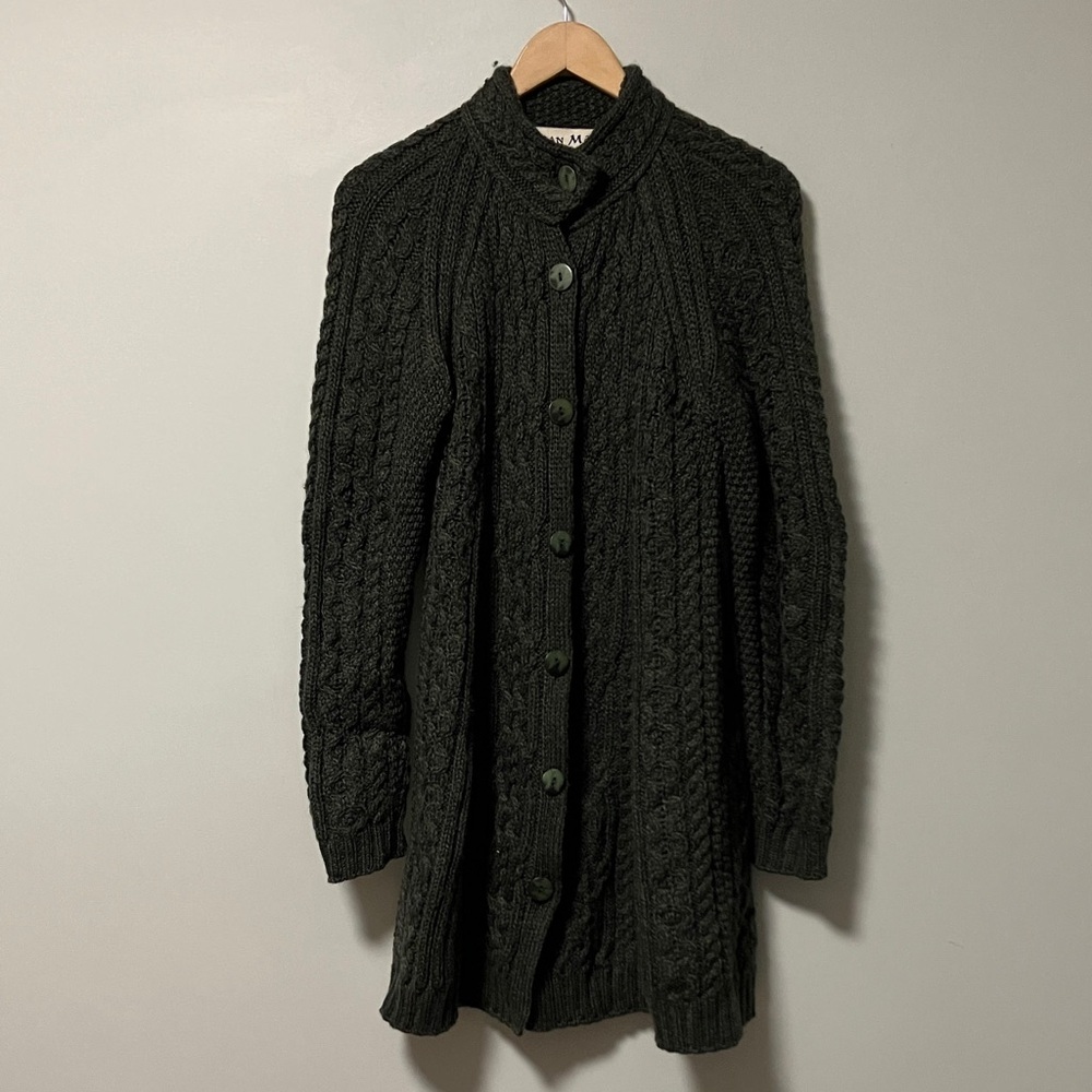 Aran Mor 100% Merino Wool Green Cable Knit Long Cardigan